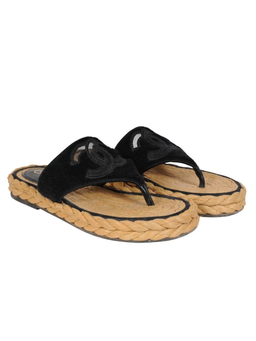 Chanel Womens CC Logo Espadrille Sandals Size US 8 EU 38 Black Terry Cloth Flip